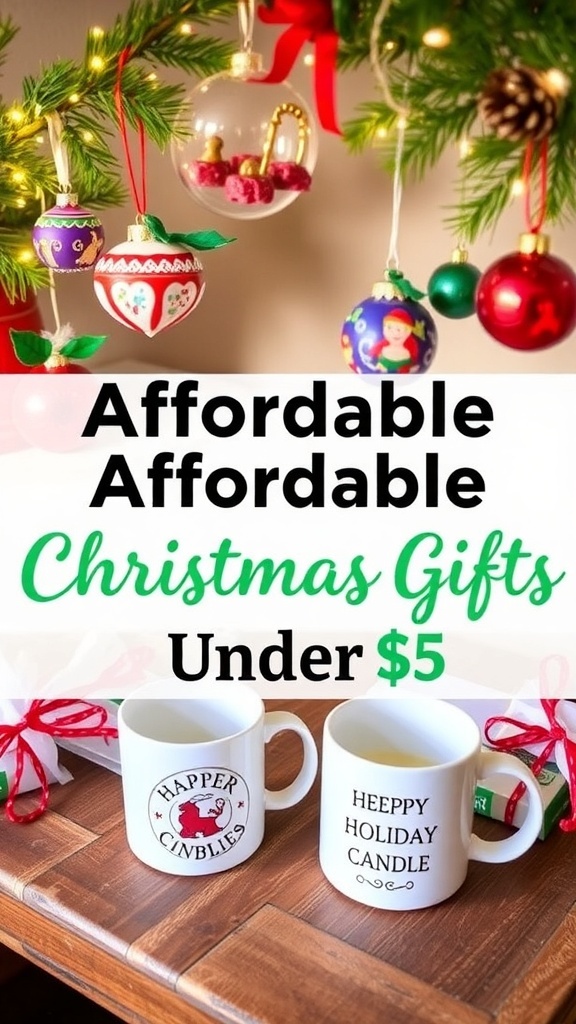 A collection of budget-friendly Christmas gifts including ornaments, candles, and mugs on a wooden table with holiday decorations.